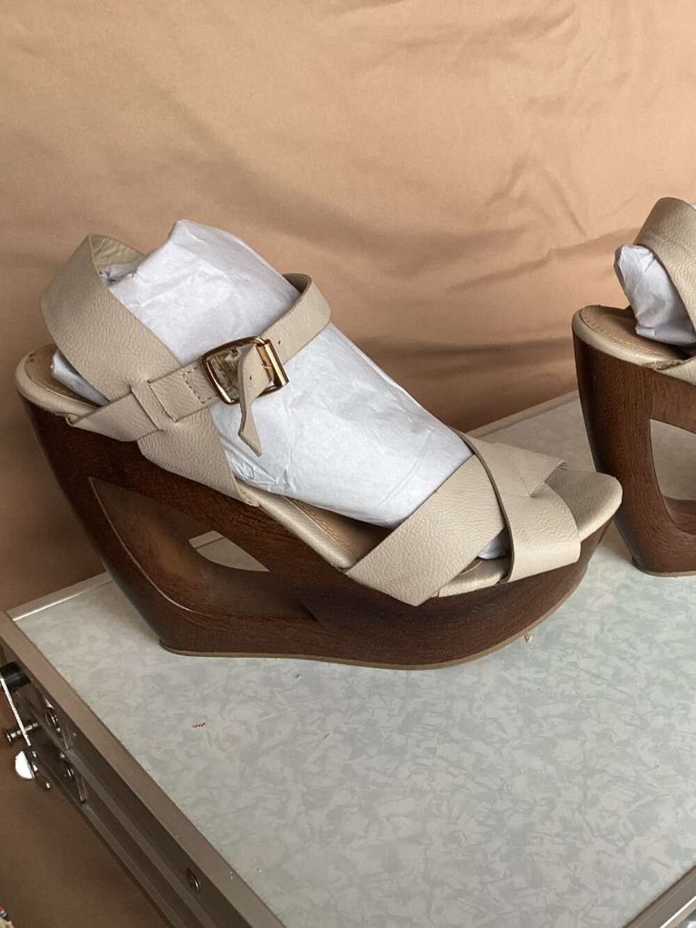 Call It Spring Cream Platform Wedge Sandals.
